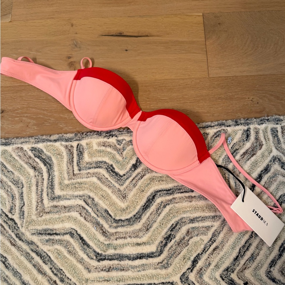 STAUD Pink Bikini Top with Red Trim